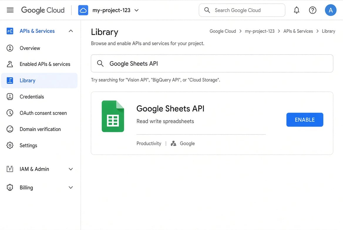 Google Cloud API Library showing Google Sheets API with Enable button
