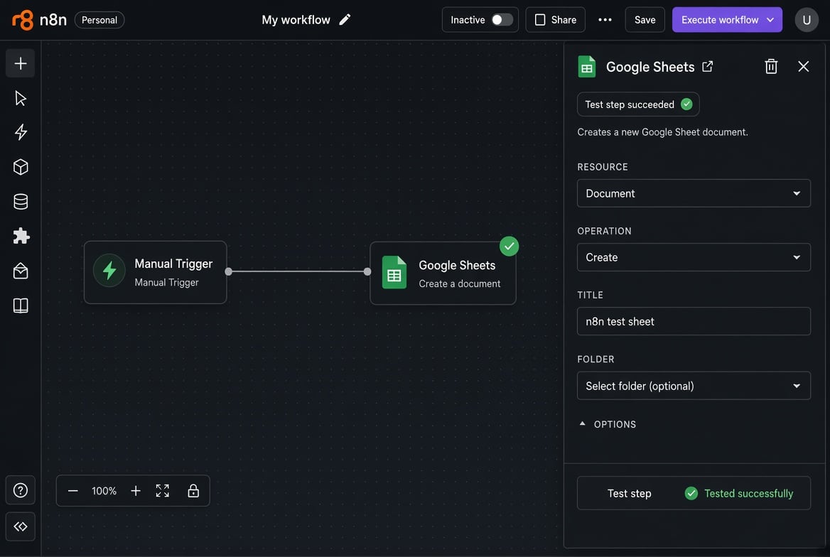 n8n workflow with Manual Trigger connected to Google Sheets Create Document operation