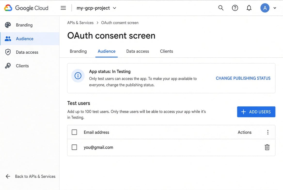 Google Cloud OAuth consent screen Audience tab with test user added