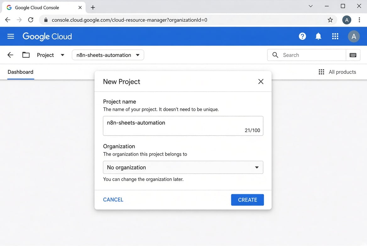 Google Cloud Console New Project dialog with project name n8n-sheets-automation