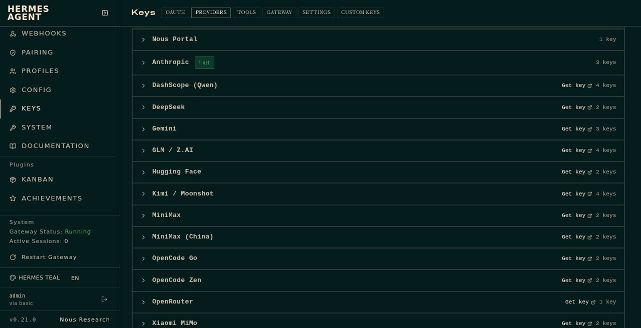 Hermes Providers tab showing Anthropic marked 1 set