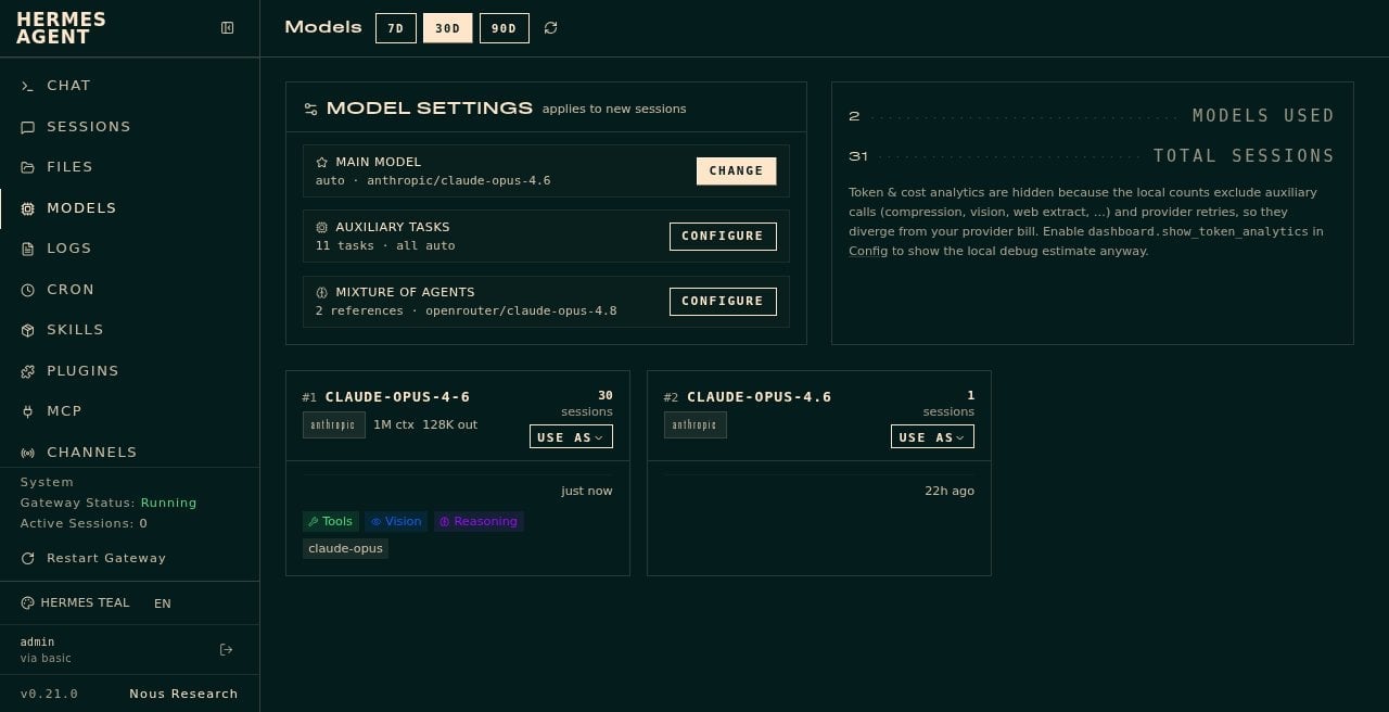 Hermes Models page showing anthropic/claude-opus-4.6