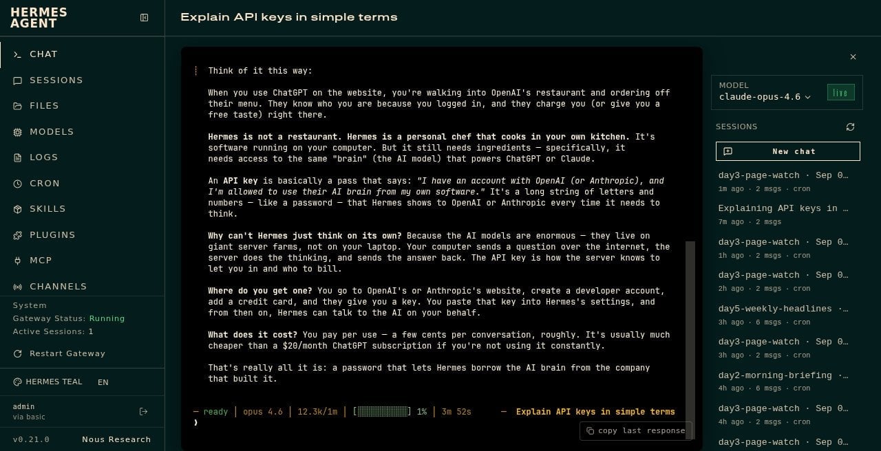Hermes Chat explaining why an API key is needed