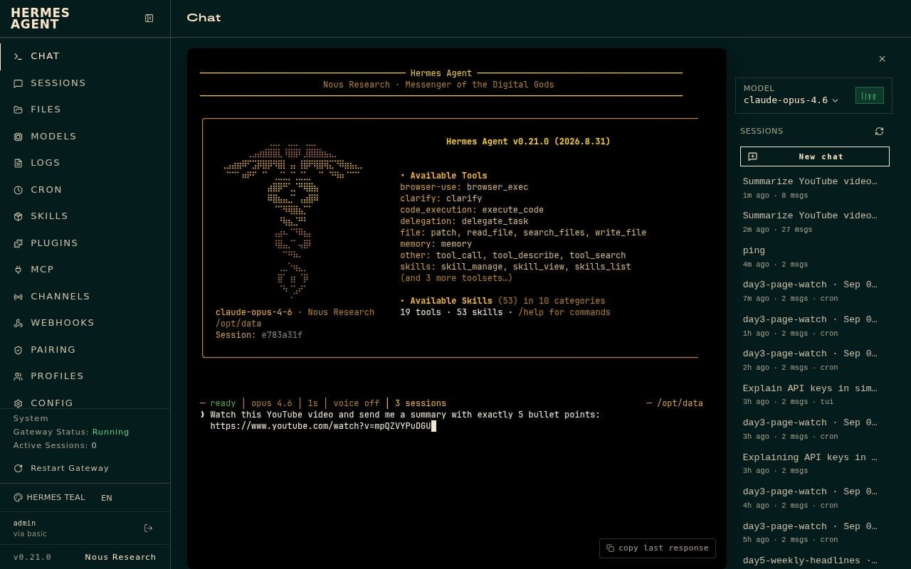 Hermes Chat prompt with a YouTube URL asking for five bullet points