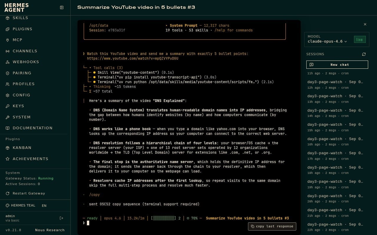 Hermes Chat reply with a five-bullet YouTube video summary