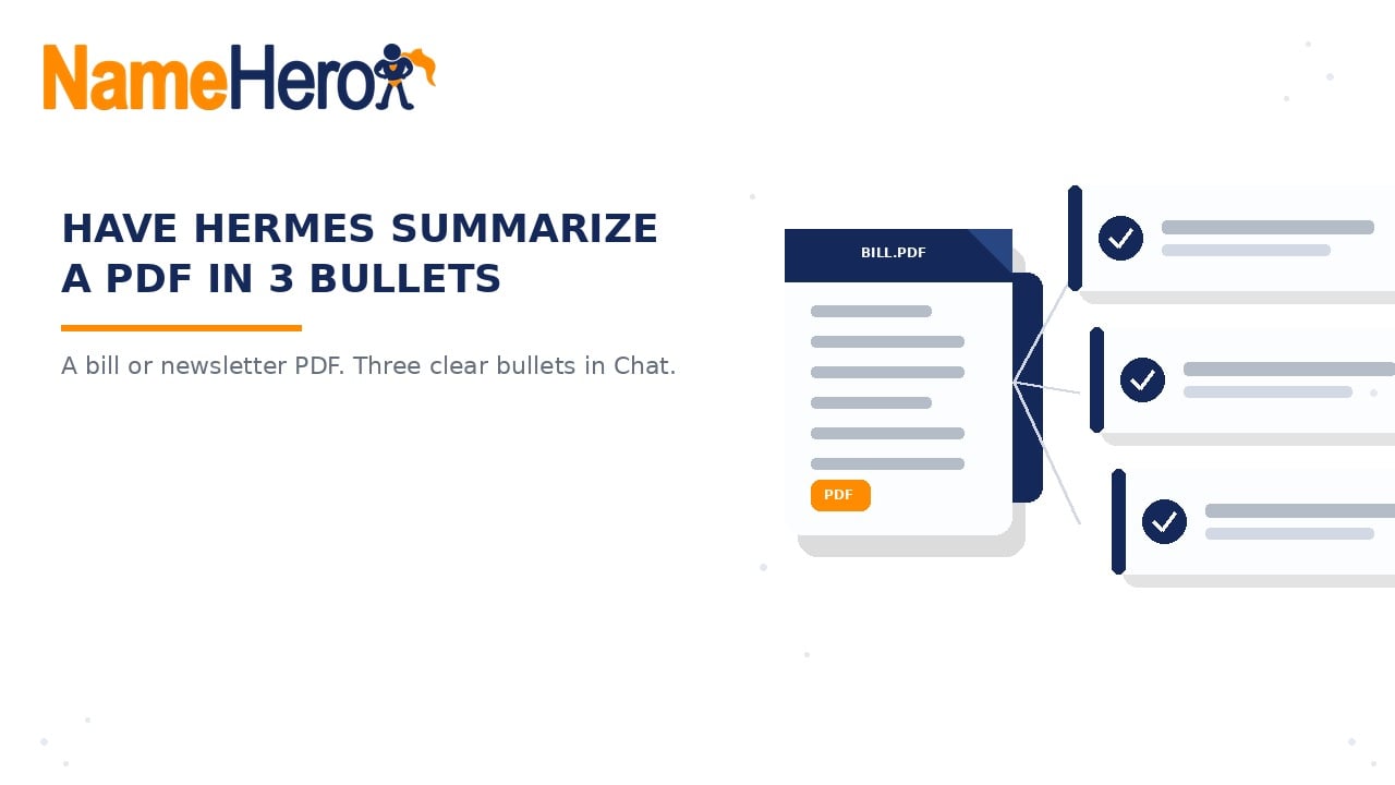 NameHero branded cover: Have Hermes summarize a PDF in 3 bullets