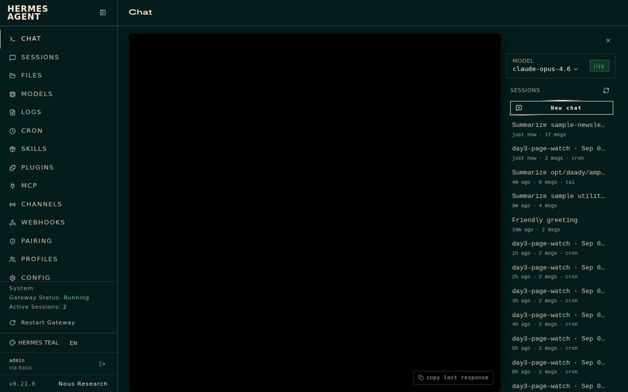 Hermes Chat New chat screen ready with model badge live