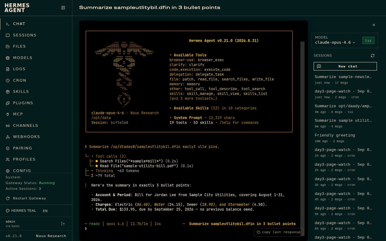 Hermes Chat reply with three utility bill summary bullets