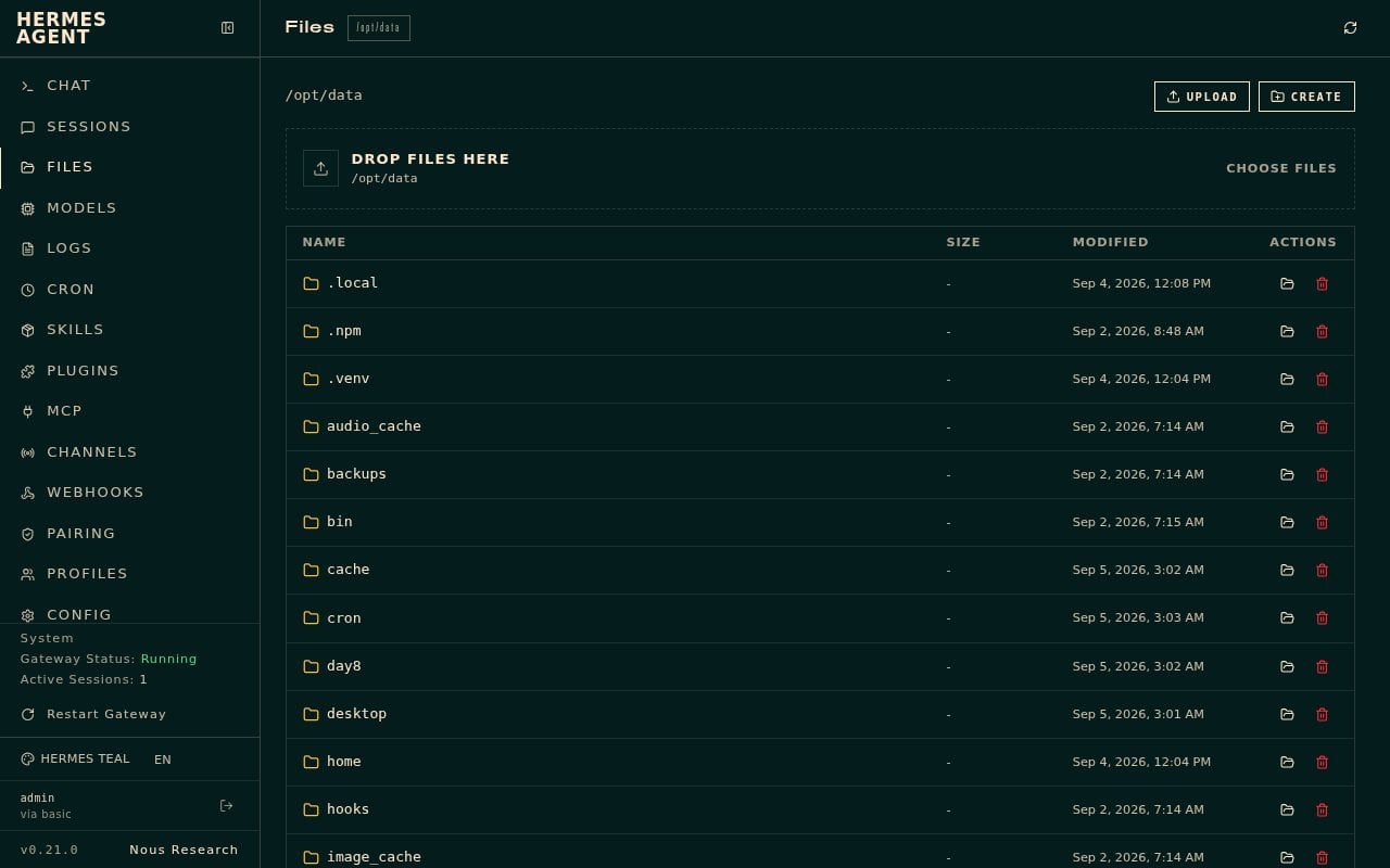 Hermes FILES page showing Upload, Drop files, and Choose files