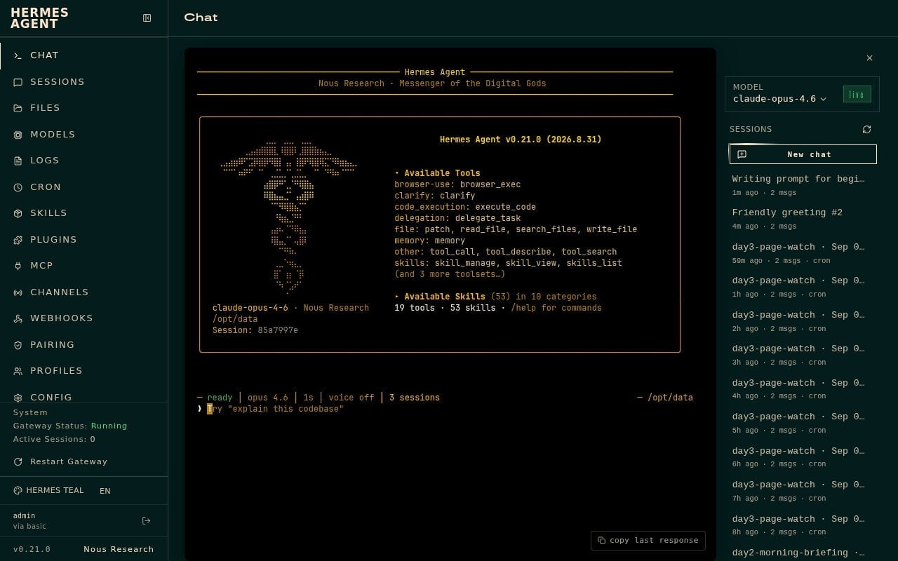 Hermes Chat New chat screen ready for the writing prompt