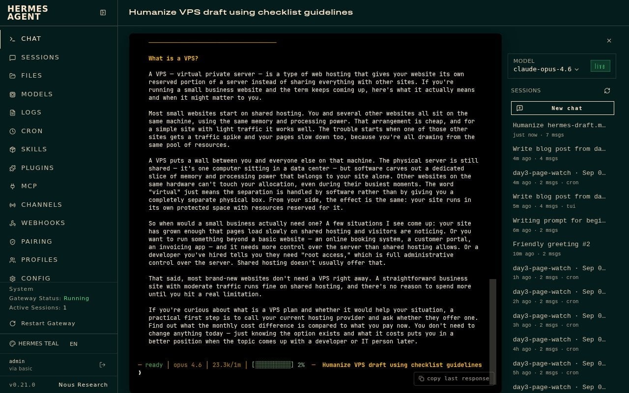 Hermes humanized blog draft on screen