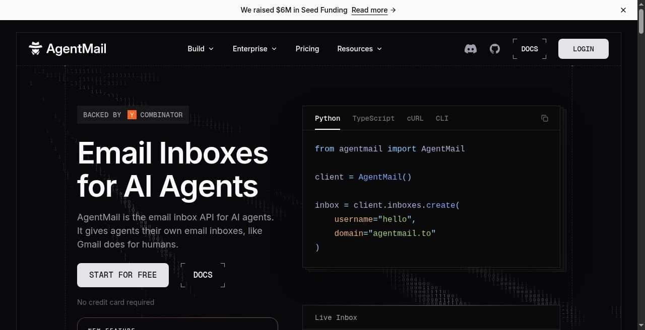 AgentMail homepage explaining email for AI agents