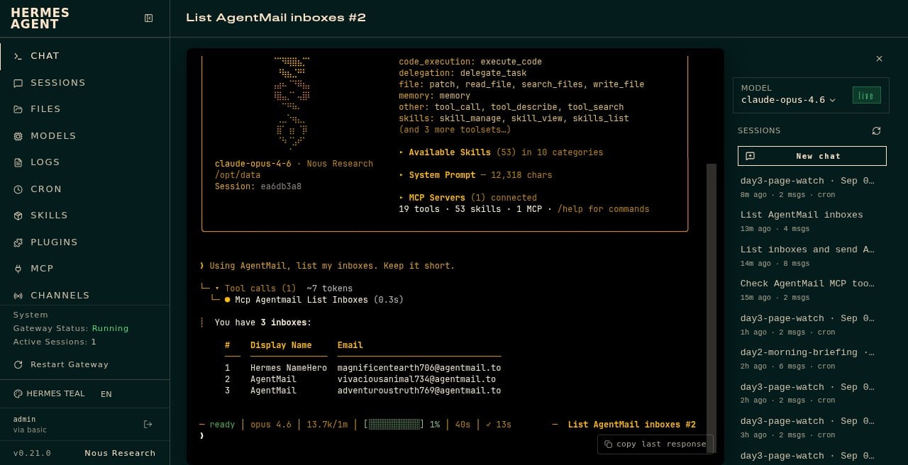 Hermes Chat listing three AgentMail inboxes including Hermes NameHero