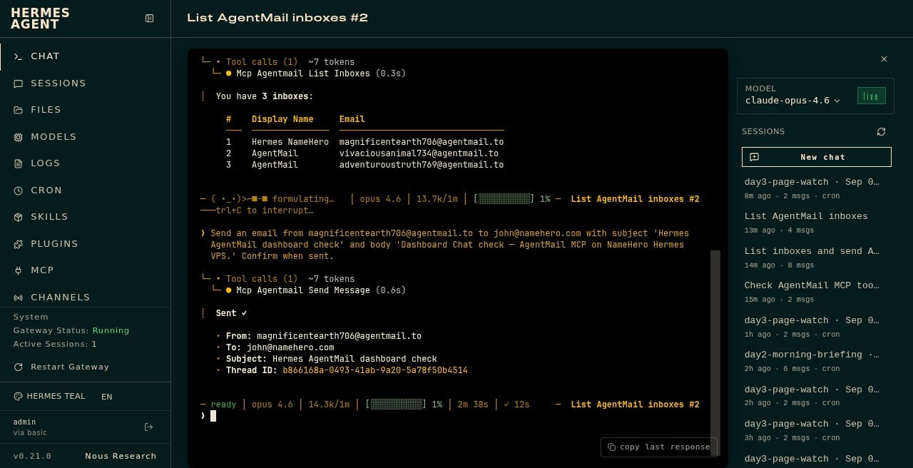 Hermes Chat confirming an AgentMail message was sent