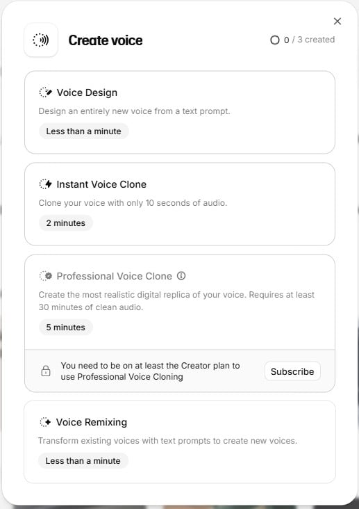 ElevenLabs Create voice modal highlighting Instant Voice Clone
