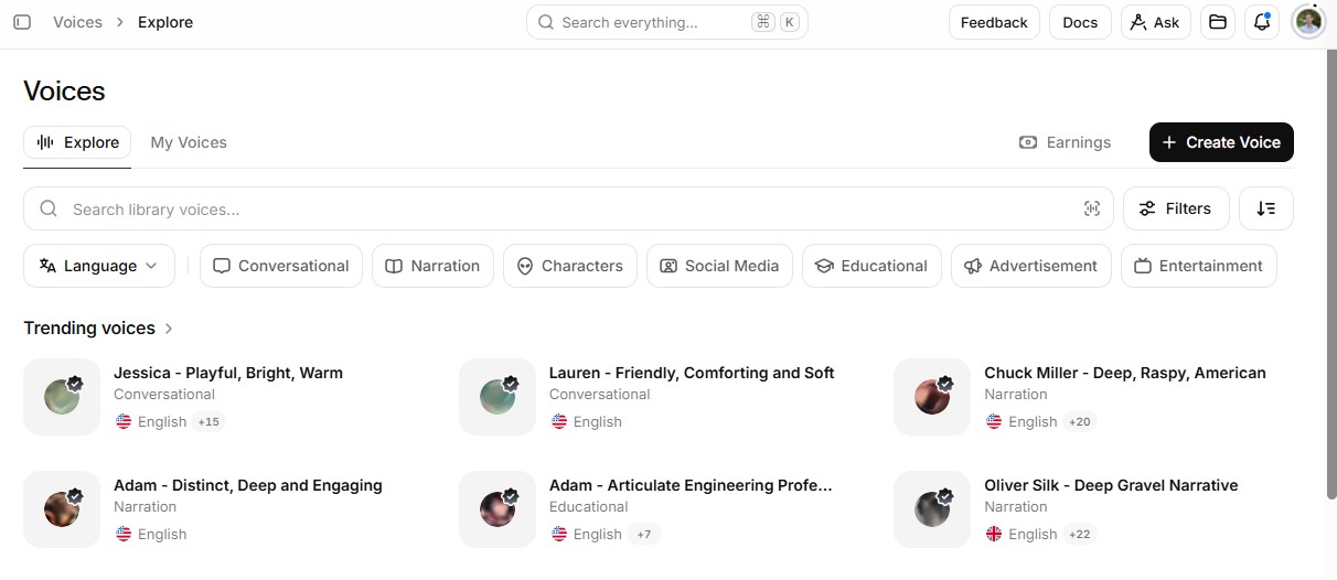 ElevenLabs Voices Explore page with Create Voice button