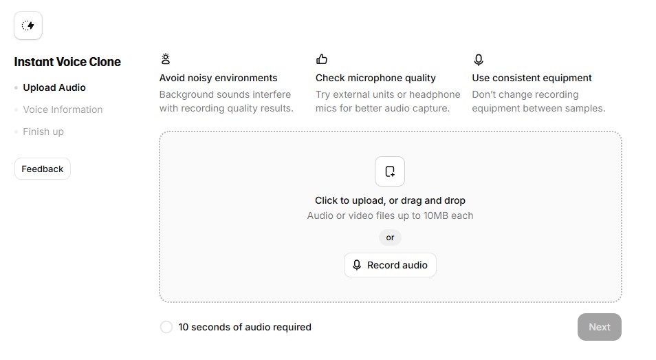 ElevenLabs Instant Voice Clone upload audio step requiring 10 seconds