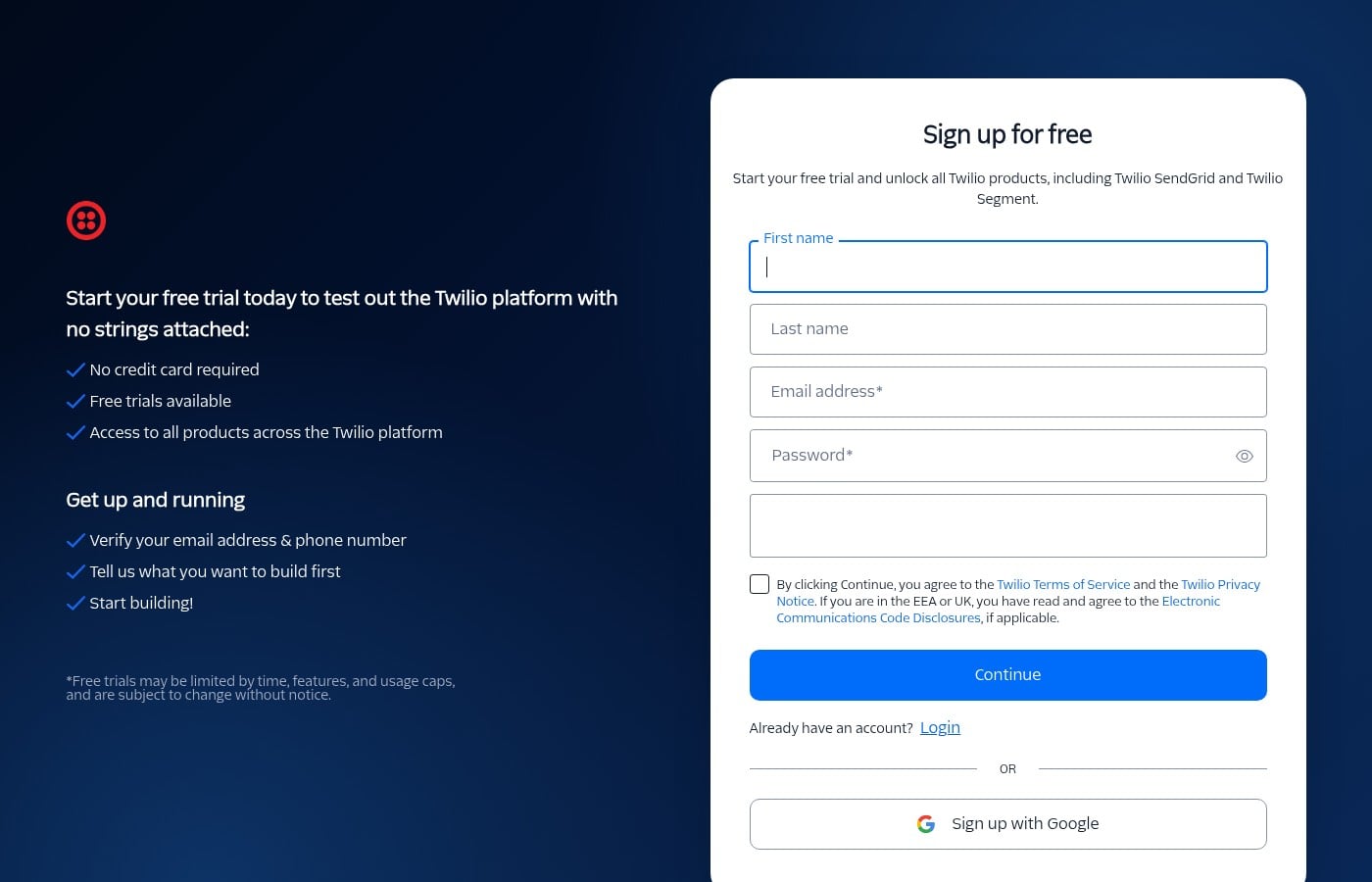 Twilio Sign up for free trial page