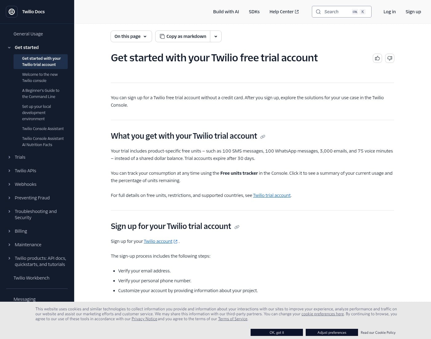 Twilio docs: get started with your free trial account