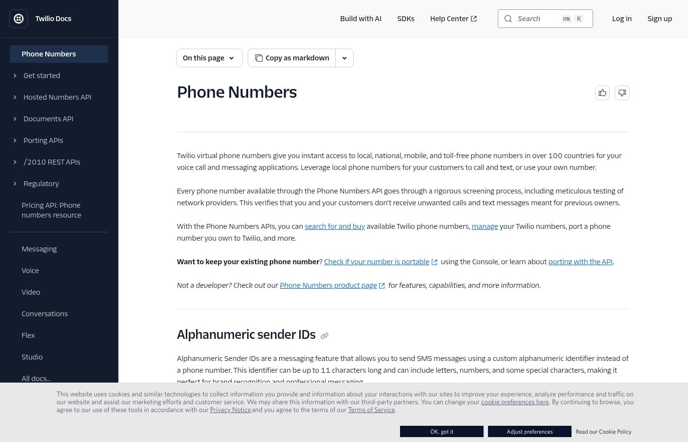 Twilio docs: Phone Numbers search and buy overview