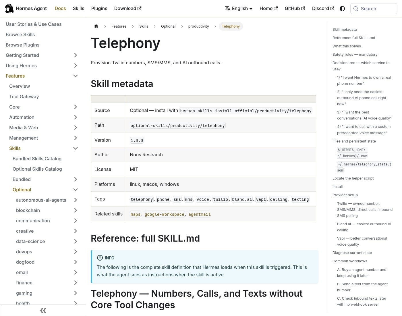 Hermes official telephony skill docs with install command
