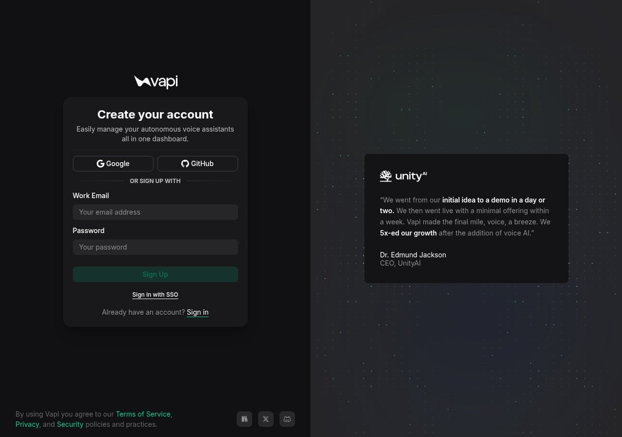 Vapi Create your account signup page