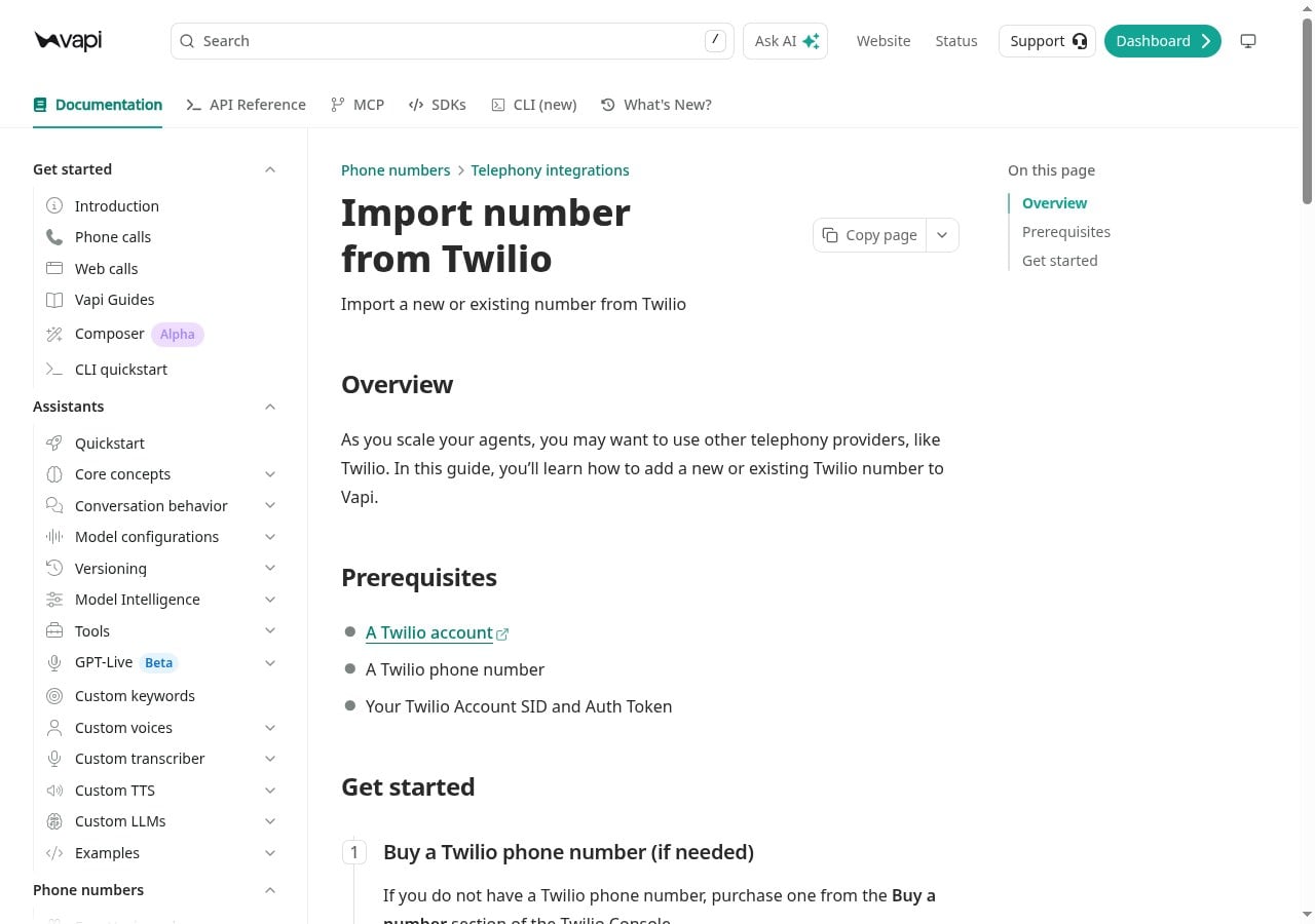 Vapi docs: Import number from Twilio