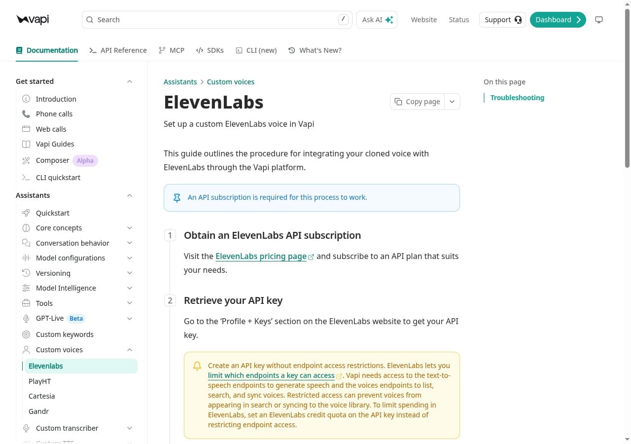 Vapi docs: custom ElevenLabs voice Integrations sync