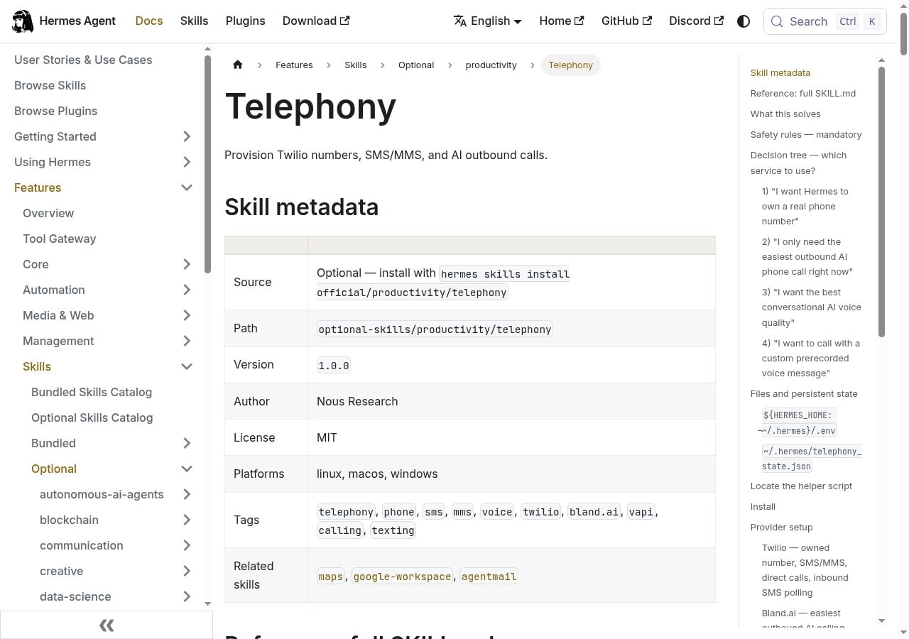 Hermes official telephony skill docs including Vapi