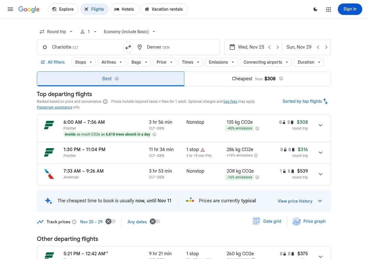 Google Flights round trip Charlotte to Denver Nov 25 to 29 with cheapest from $308