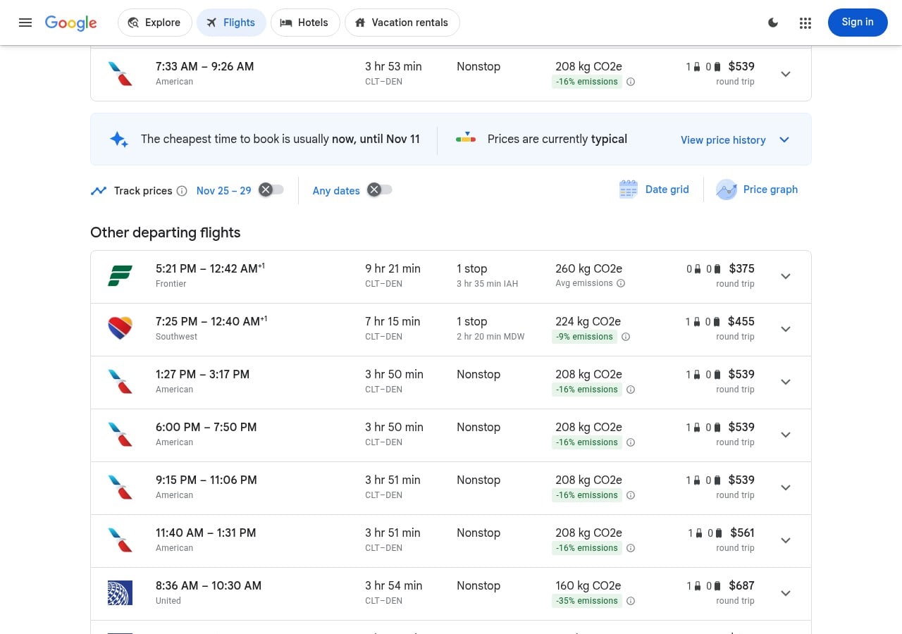 Google Flights other departing flights with carry-on bag icons and prices