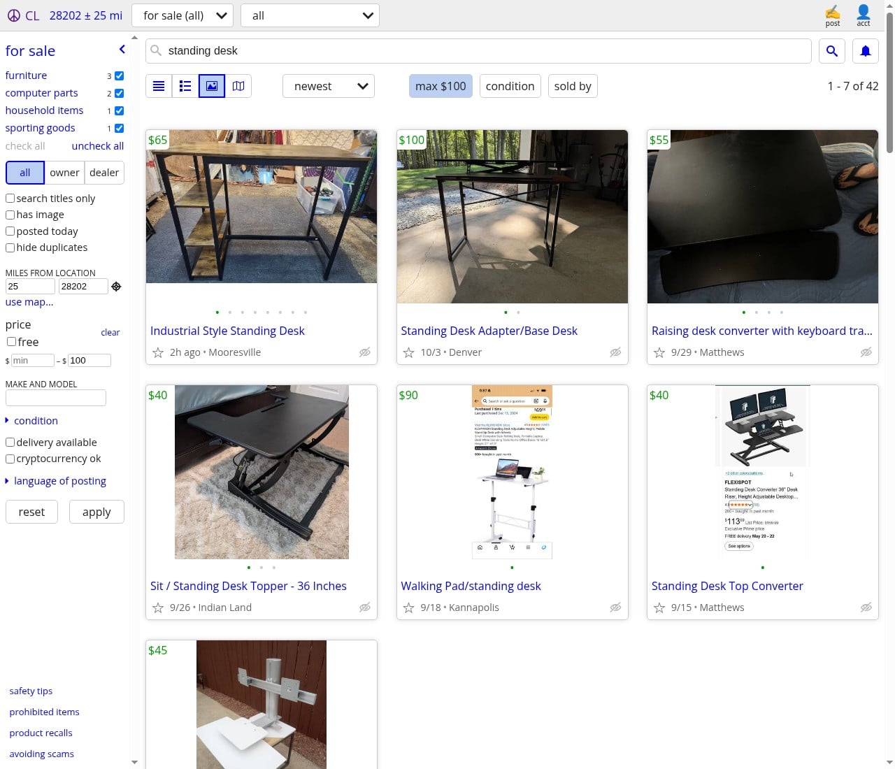 Charlotte Craigslist search for standing desk under $100 within 25 miles of ZIP 28202