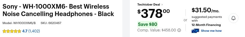 Best Buy product page for Sony WH-1000XM6 black headphones showing a $378 Techtober Deal price, save $80, comp value $458