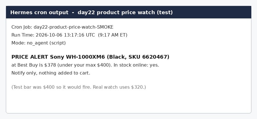 Hermes scheduled job output showing a test price alert for Sony WH-1000XM6 headphones at Best Buy